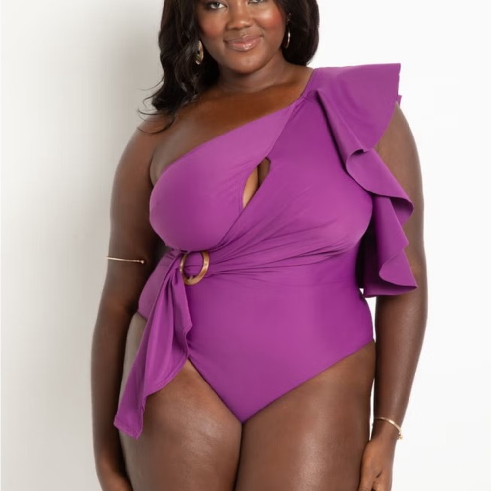 Eloquii One-Shoulder Ruffle One-Piece Swimsuit in Magenta
